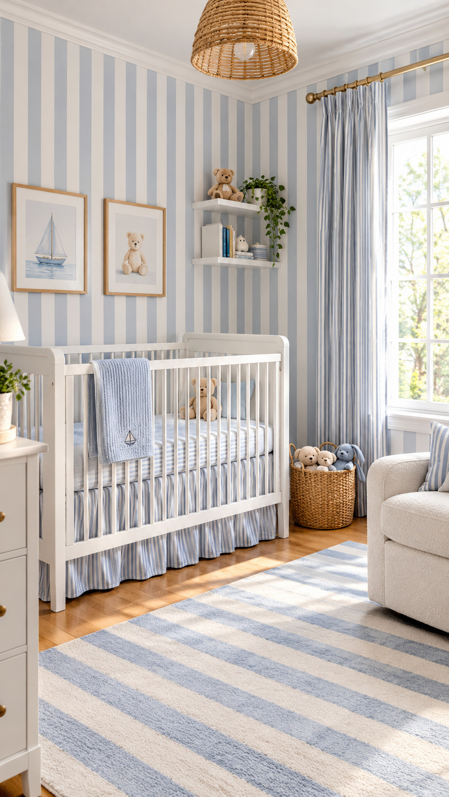A striped reading canopy hangs in a nursery nook above a soft floor cushion, with colorful fabric bands adding playful pattern.