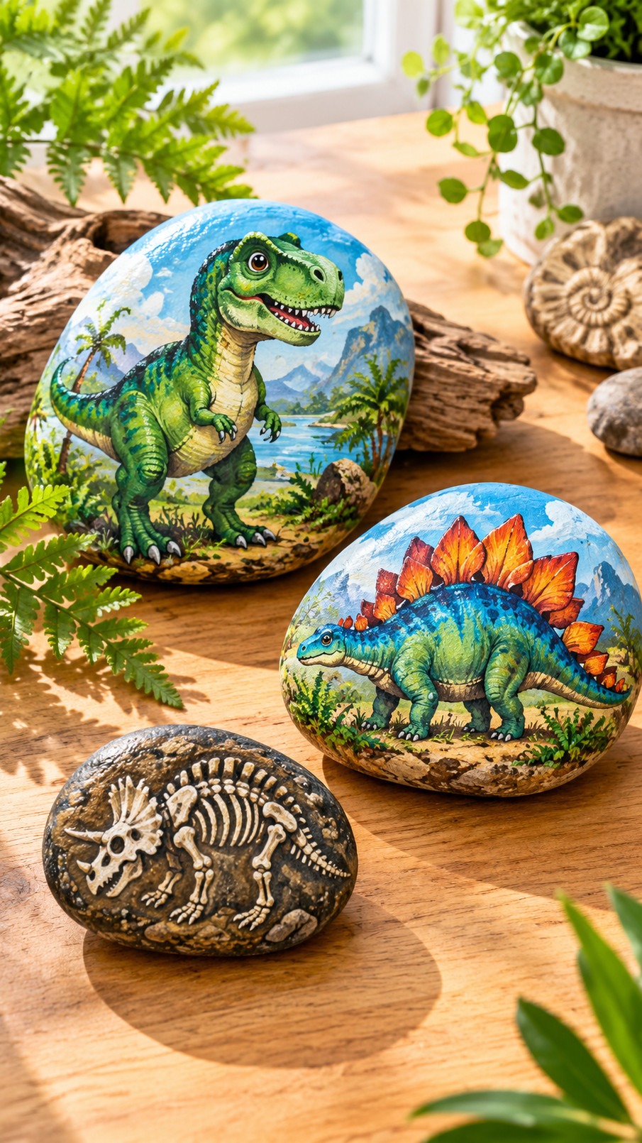 A painted rock featuring a warm coral and golden-orange stegosaurus with creamy plates, a dusky purple background, and tiny white stars.