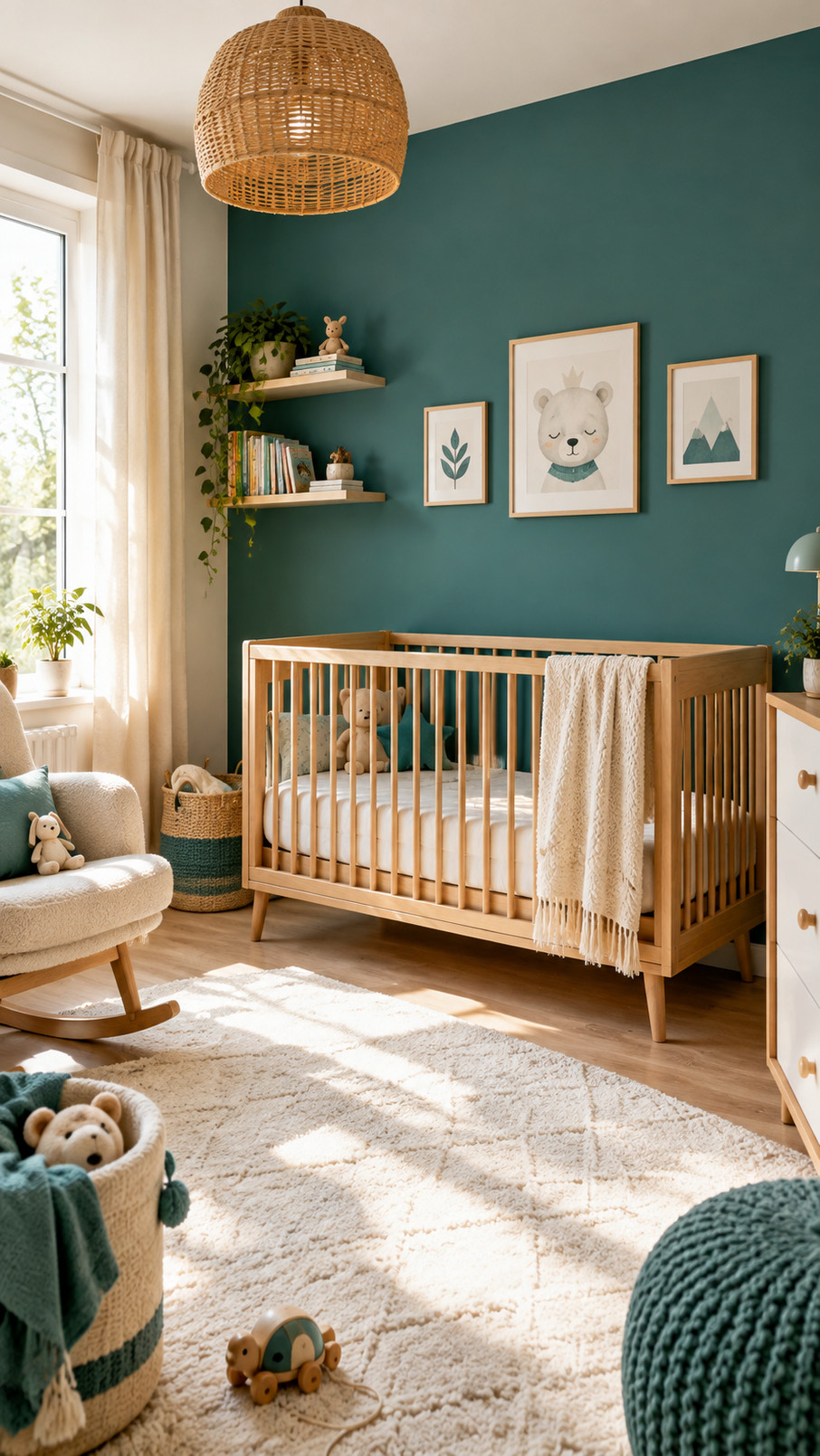 Teal starry nursery mobile with celestial shapes hanging above a baby's crib.