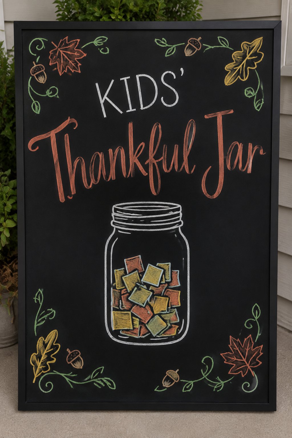 Thankful Jar Board: a framed Thanksgiving chalkboard sign reading "Kids' Thankful Jar", hand-drawn in chalk with a mason jar filled with small folded paper notes.