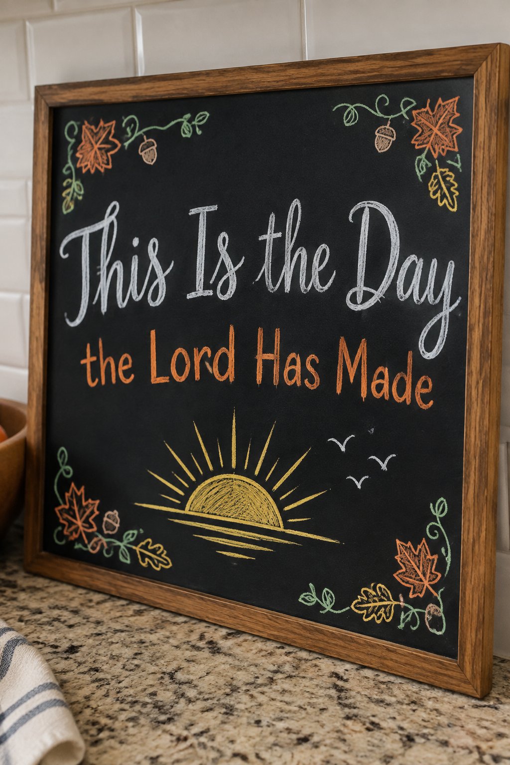 This Is the Day: a framed Thanksgiving chalkboard sign reading "This Is the Day the Lord Has Made", hand-drawn in chalk with a sunrise with a few small birds in flight.