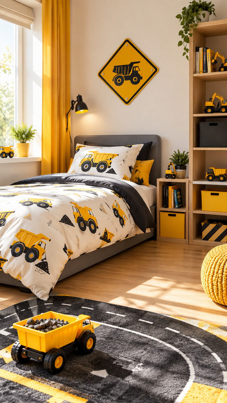 A colorful toolbox-style nightstand with red, yellow, and gray construction details beside a child’s construction-themed bed.