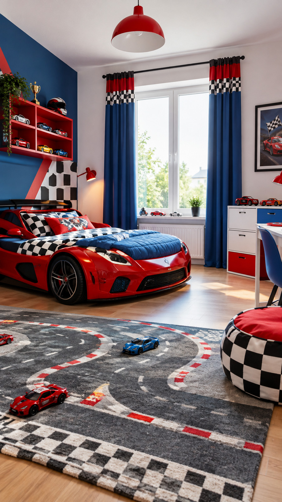 Framed traffic sign prints in red, yellow, and green decorate a car-themed children's bedroom wall.