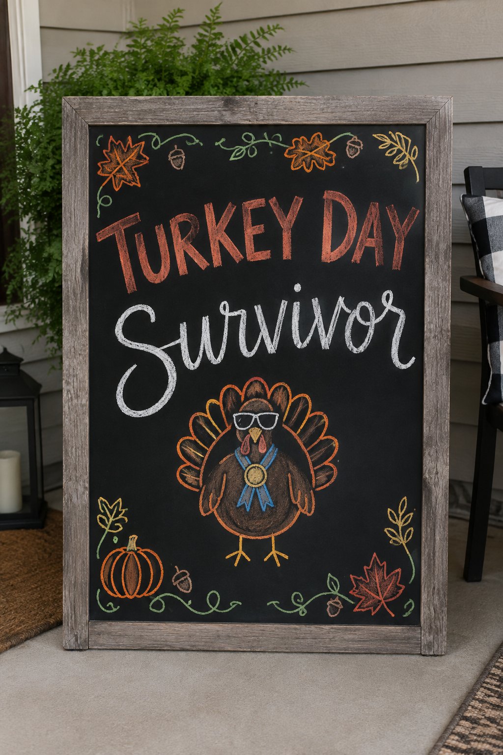 Turkey Day Survivor: a framed Thanksgiving chalkboard sign reading "Turkey Day Survivor", hand-drawn in chalk with a round turkey wearing sunglasses and a ribbon medal.