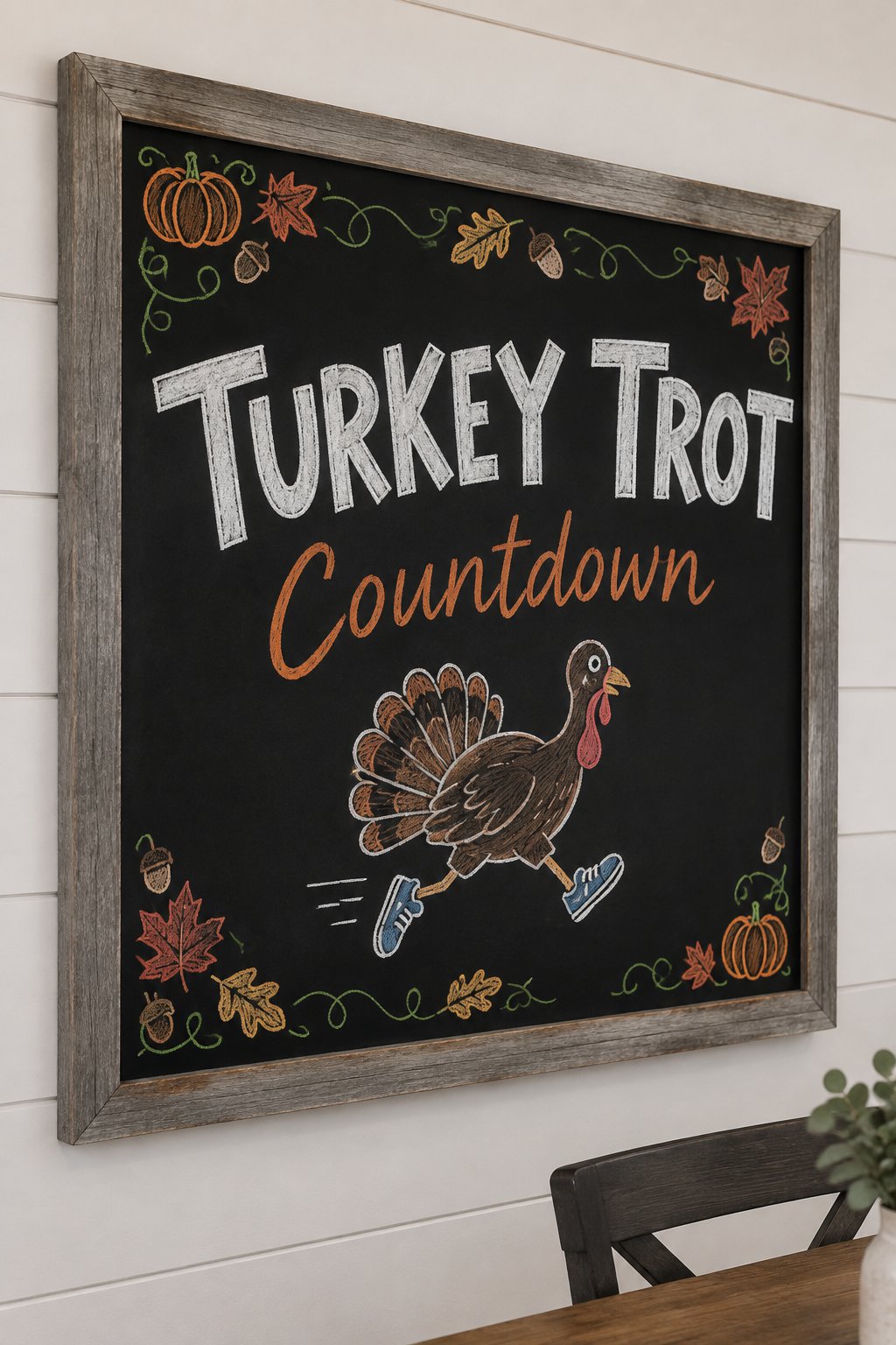 Turkey Trot Sign: a framed Thanksgiving chalkboard sign reading "Turkey Trot Countdown", hand-drawn in chalk with a turkey mid-stride wearing little sneakers.