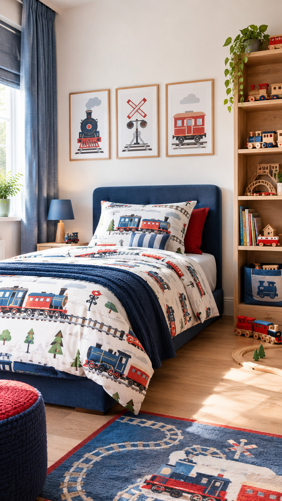 Colorful train-shaped wall shelf displaying books and toys in a child's train-themed bedroom.