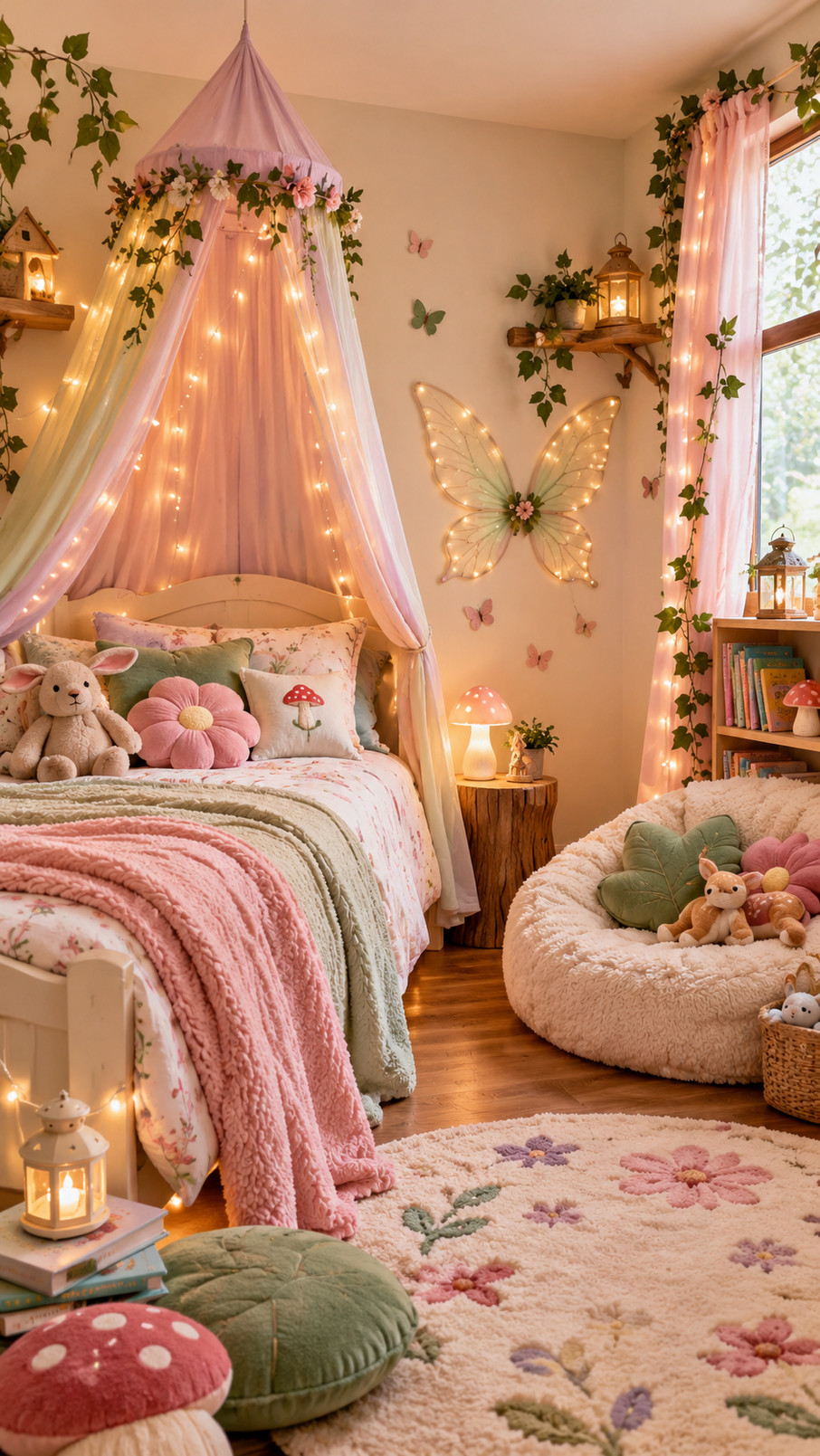 Pastel fairy garland with flowers, shimmering leaves, and tiny wings decorating a child's bedroom reading nook.