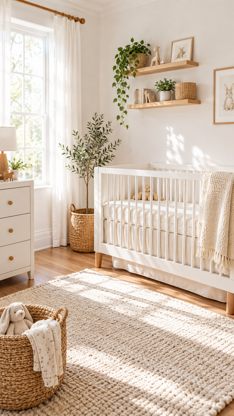 White ceramic nursery lamp glowing softly on a dresser in a serene white baby room.