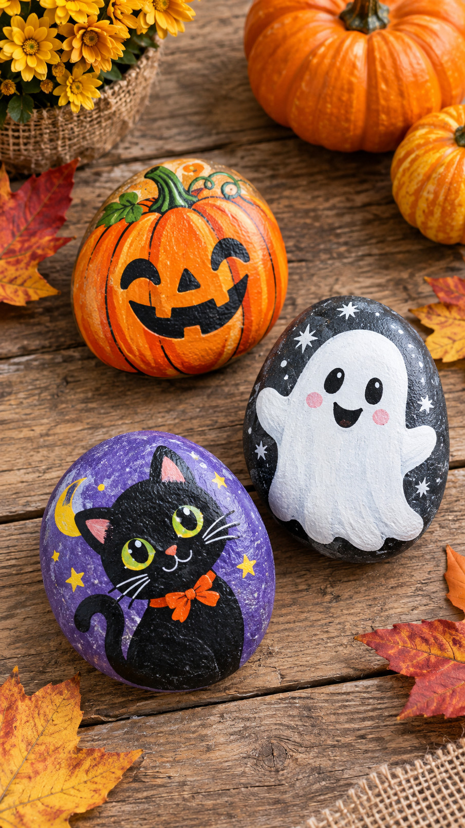 Painted Halloween rocks featuring whimsical witch broomsticks in brown, gold, and charcoal colors.