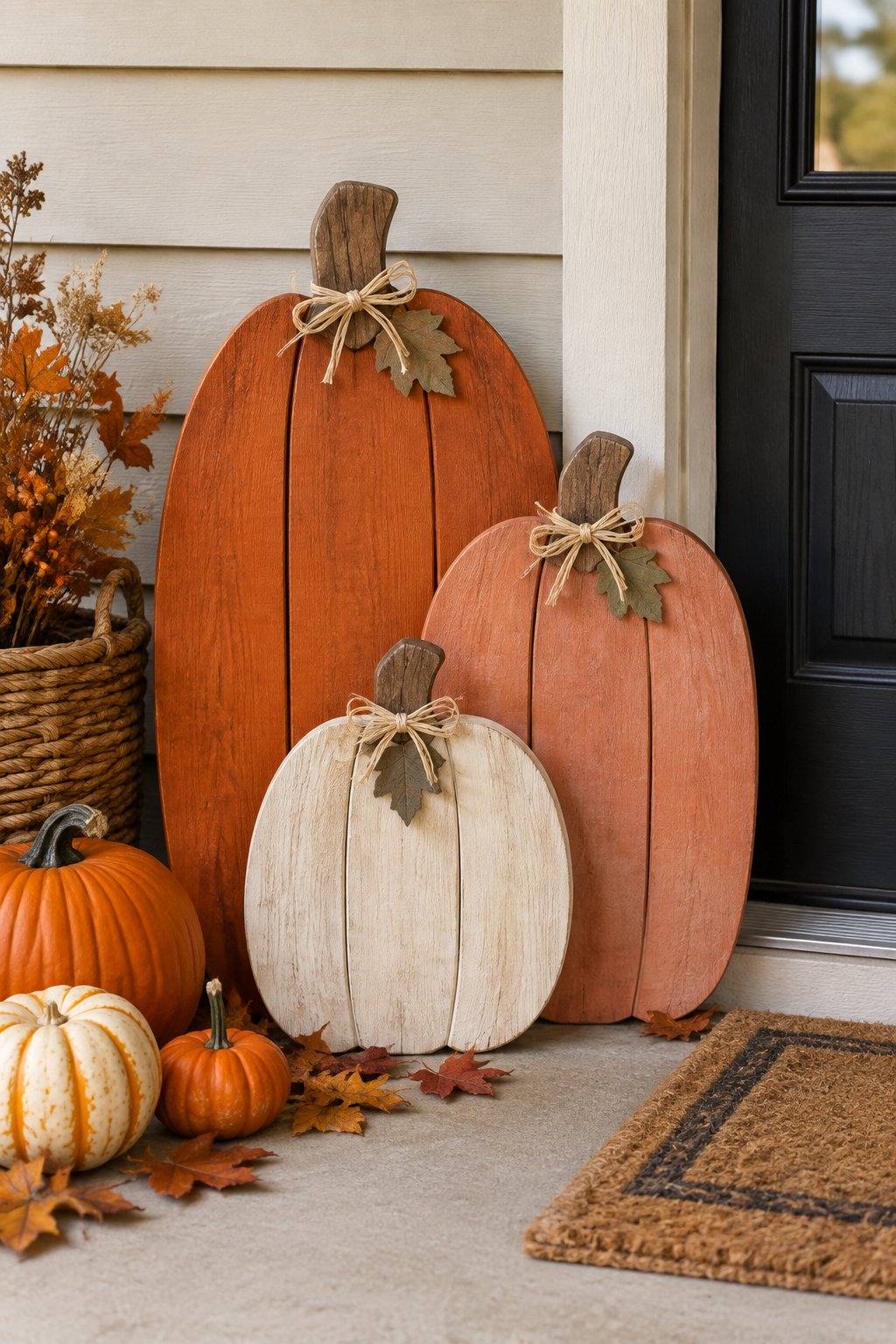 Welcome Porch Leaner Pumpkins - wooden painted pumpkin signs