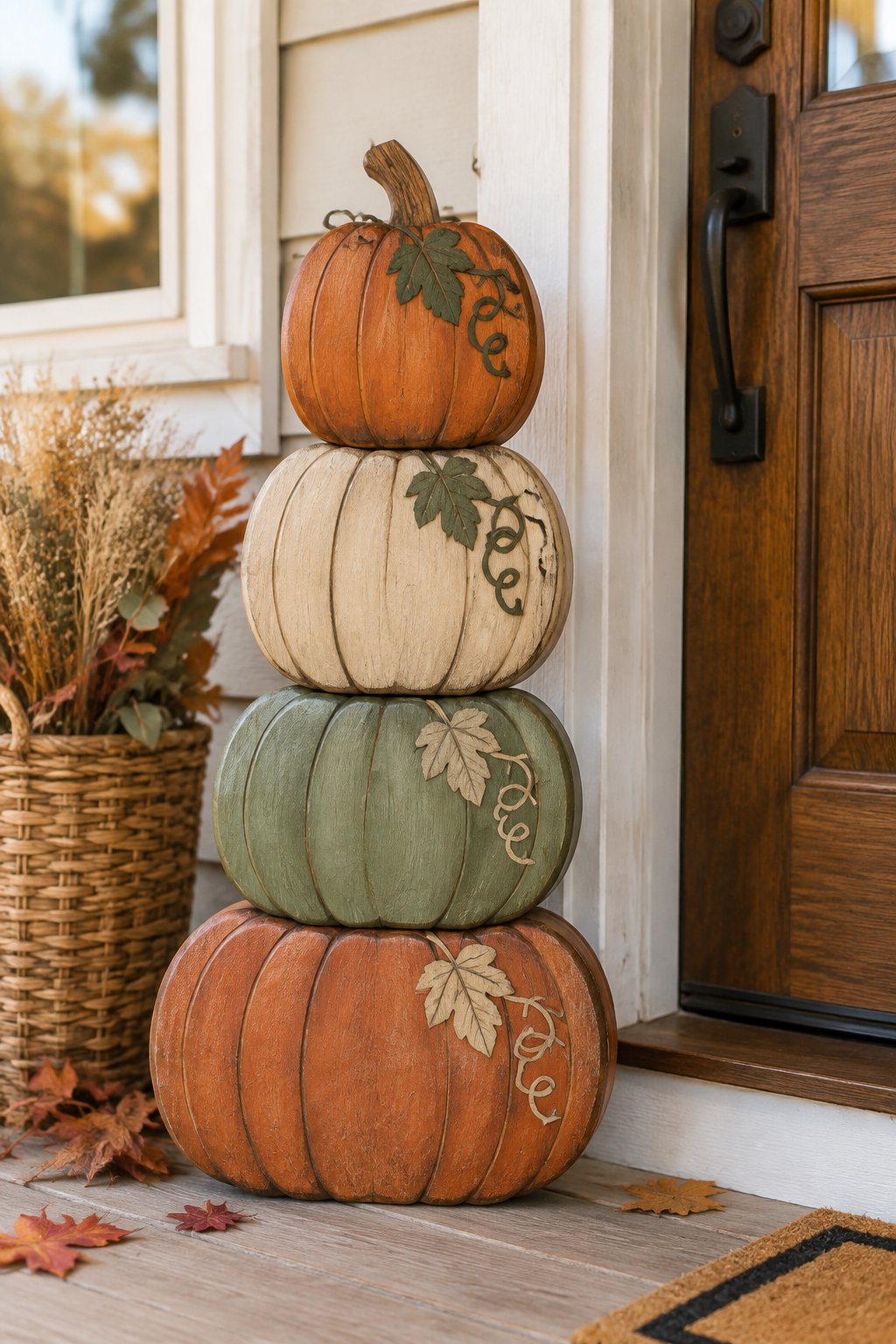 Tall Porch Pumpkin Stack - wooden painted pumpkin signs
