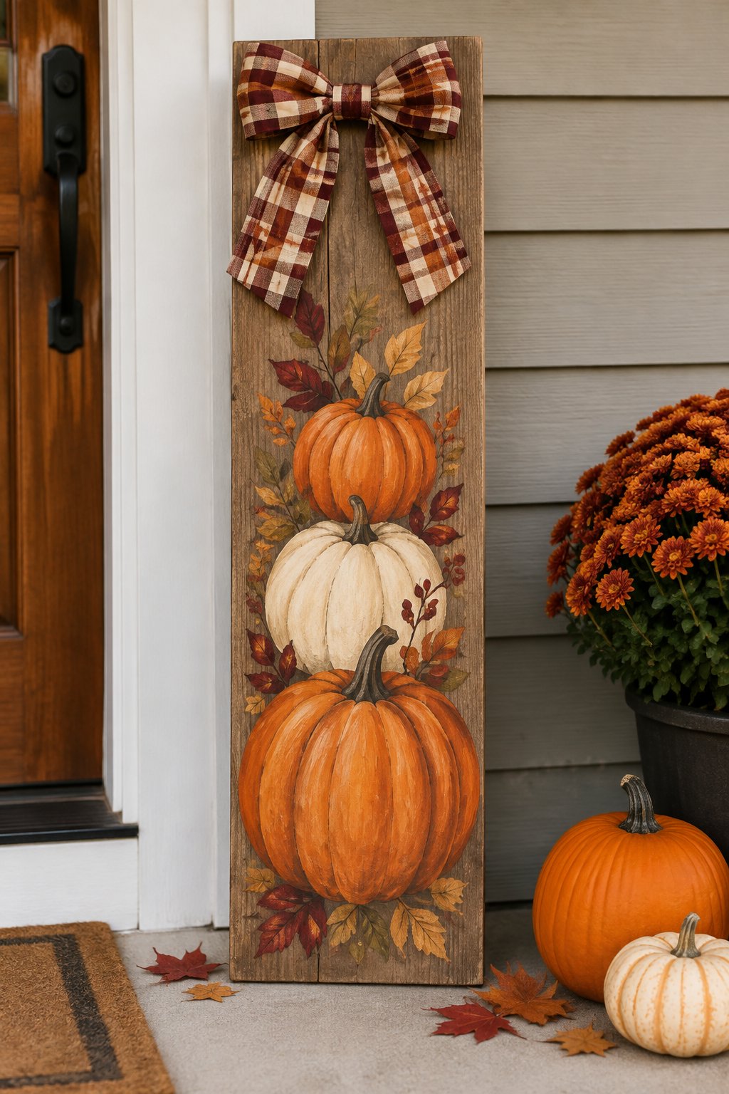 Plaid Bow Porch Leaner - wooden painted pumpkin signs