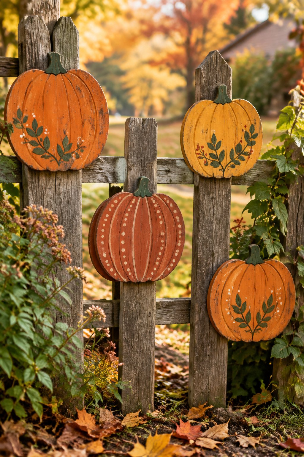 Fence Post Pumpkins - wooden painted pumpkin signs