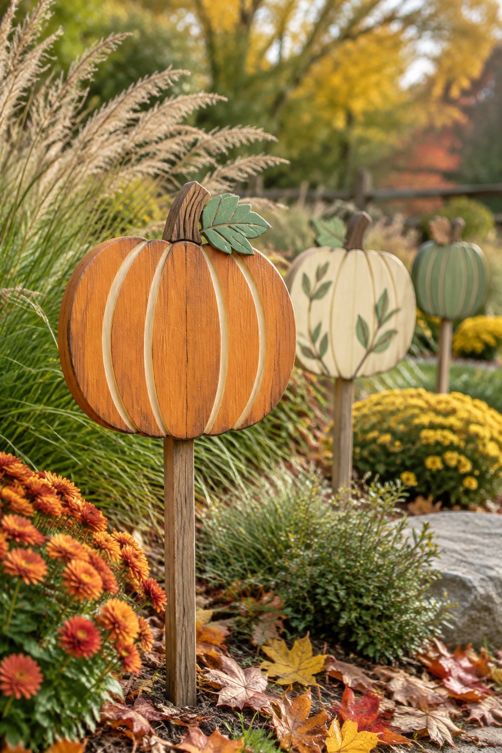 Pumpkin Garden Stakes - wooden painted pumpkin signs