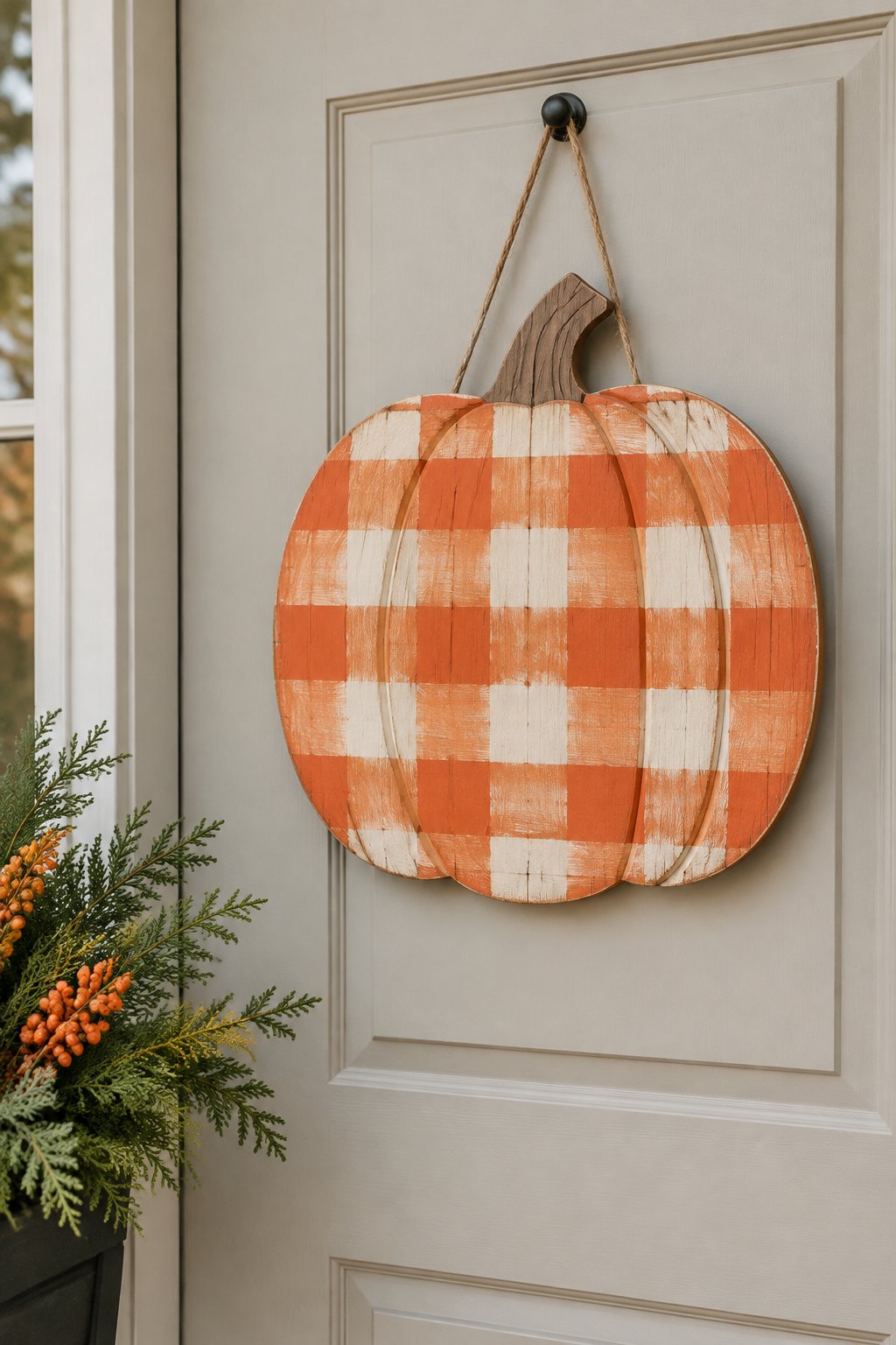 Plaid Pumpkin Door Hanger - wooden painted pumpkin signs