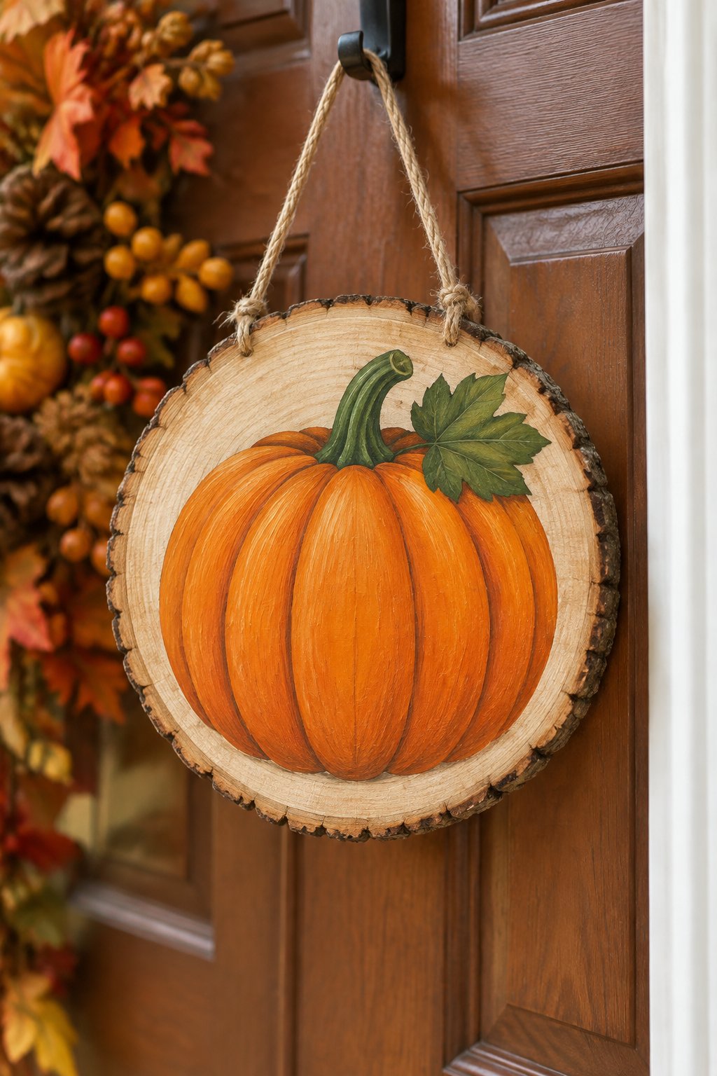 Wood Slice Door Hanger - wooden painted pumpkin signs