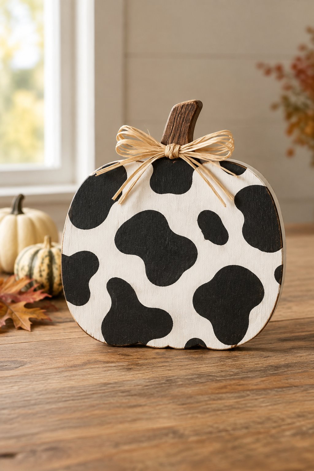 Cow Print Wood Pumpkin - wooden painted pumpkin signs