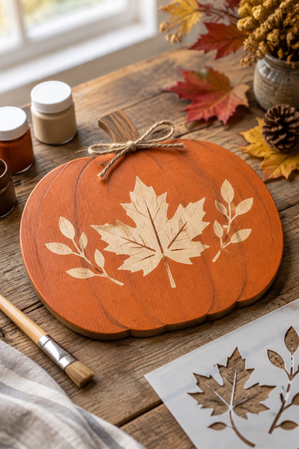 Stenciled Leaf Pumpkin - wooden painted pumpkin signs