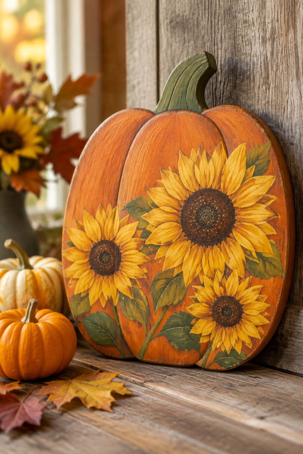 Sunflower Pumpkin Sign - wooden painted pumpkin signs