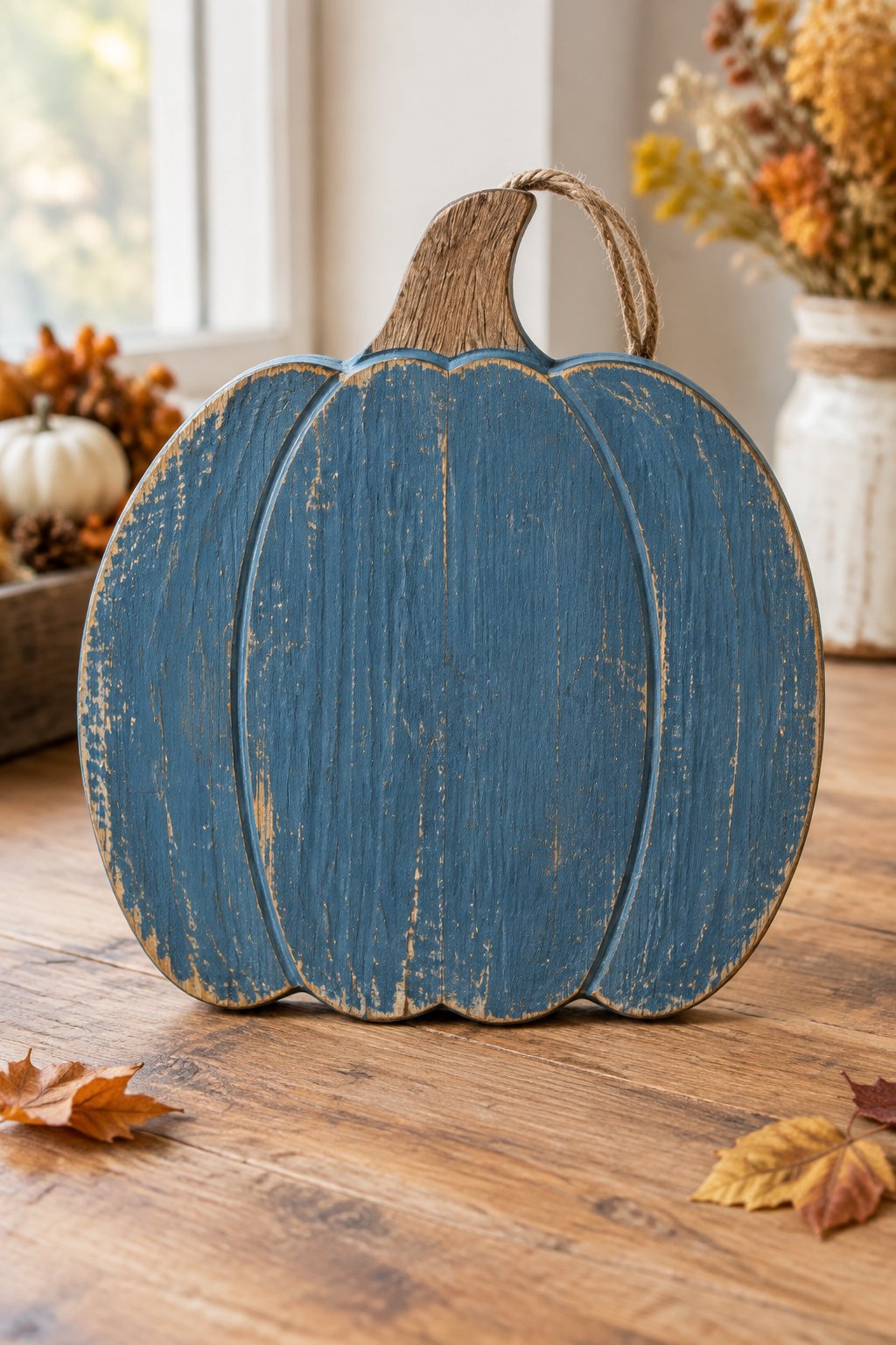 Distressed Blue Wood Pumpkin - wooden painted pumpkin signs