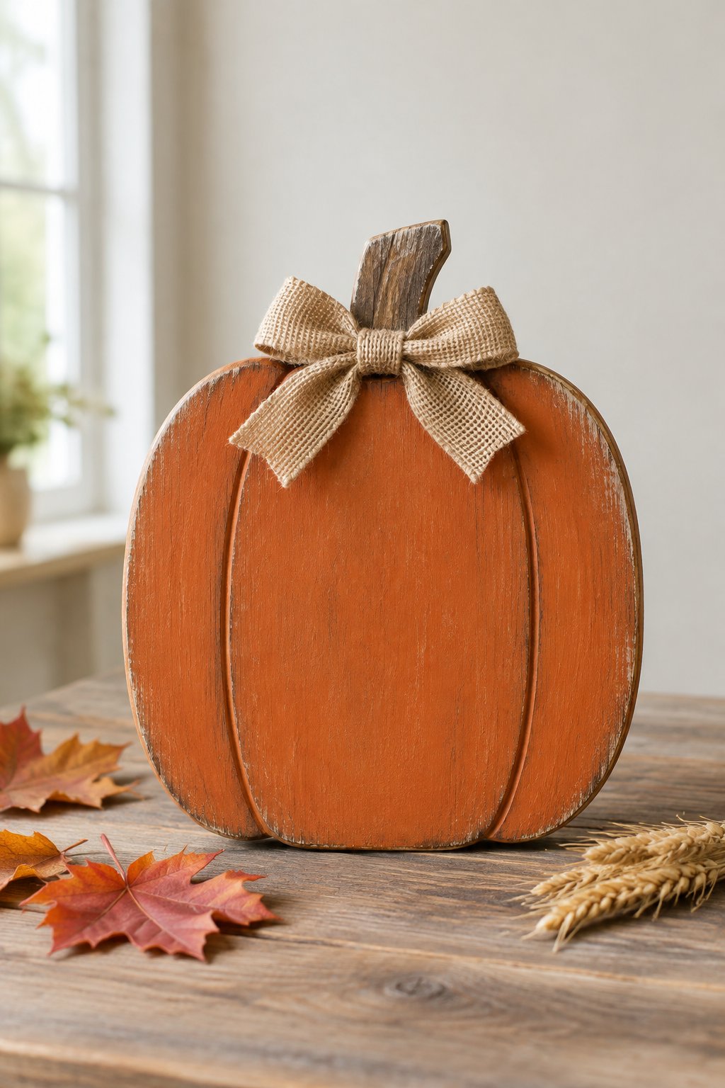 Burlap Bow Wood Pumpkin - wooden painted pumpkin signs