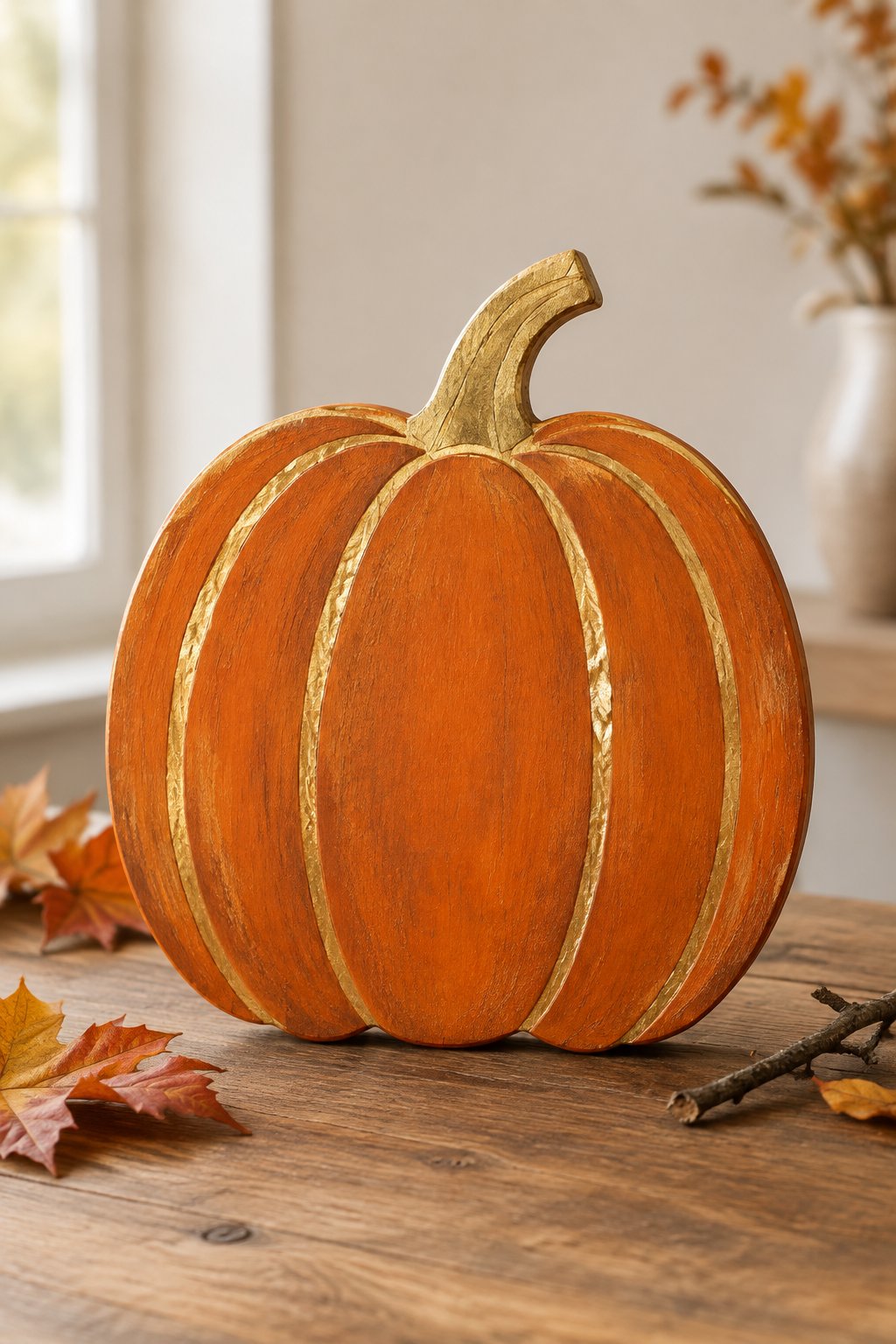 Gold Leaf Wood Pumpkin - wooden painted pumpkin signs