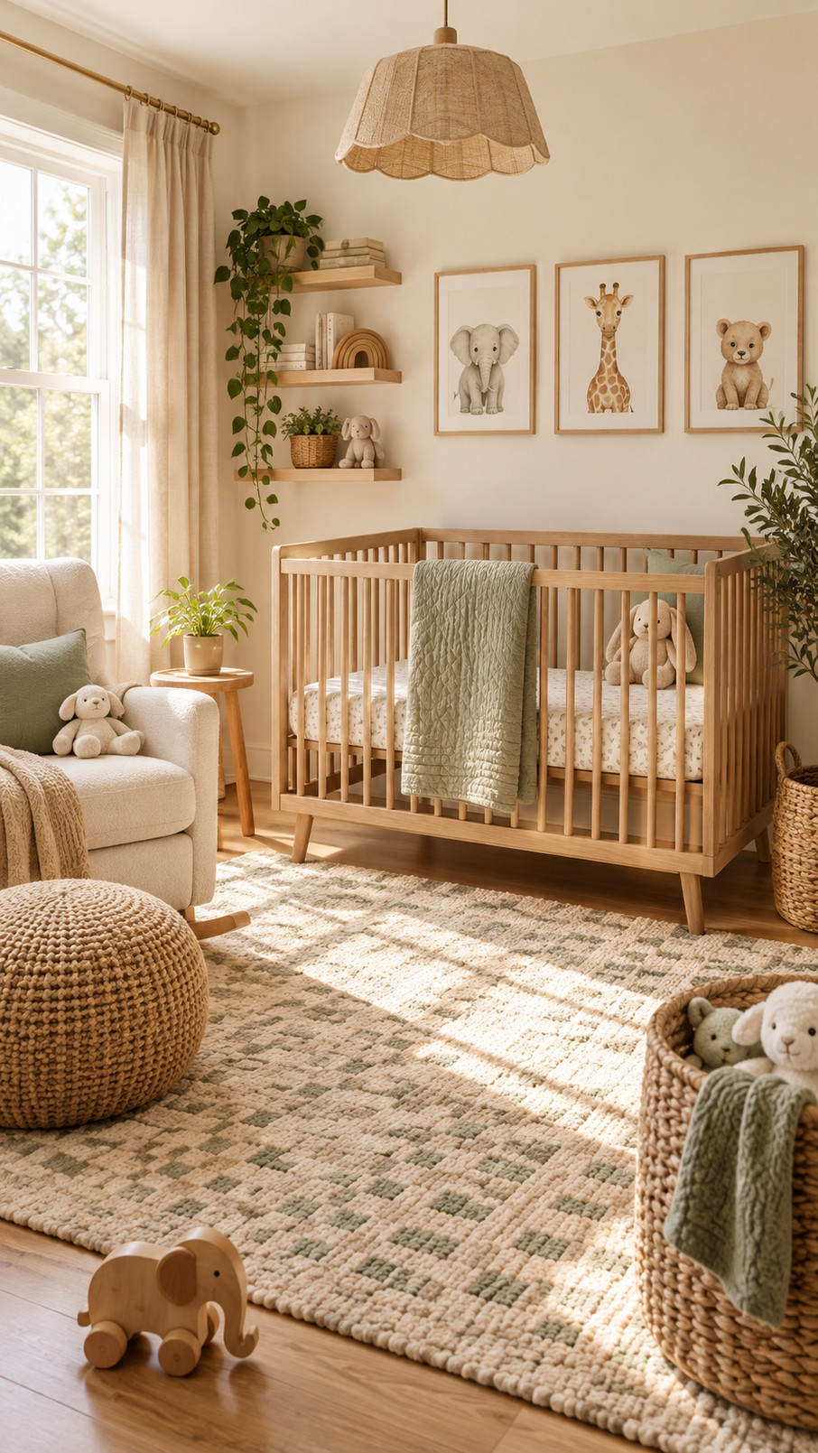 A woven basket hamper in a gender-neutral nursery holding folded baby laundry beside natural wood furniture.