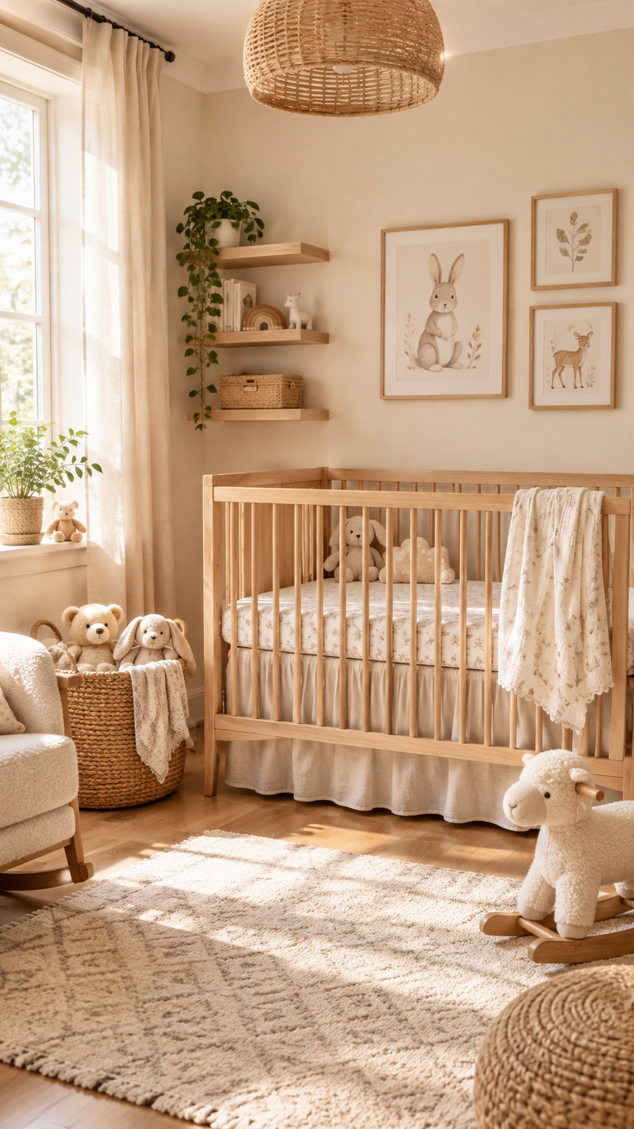 Woven beige storage baskets sit in a cozy neutral nursery beside wooden furniture and plush textiles.