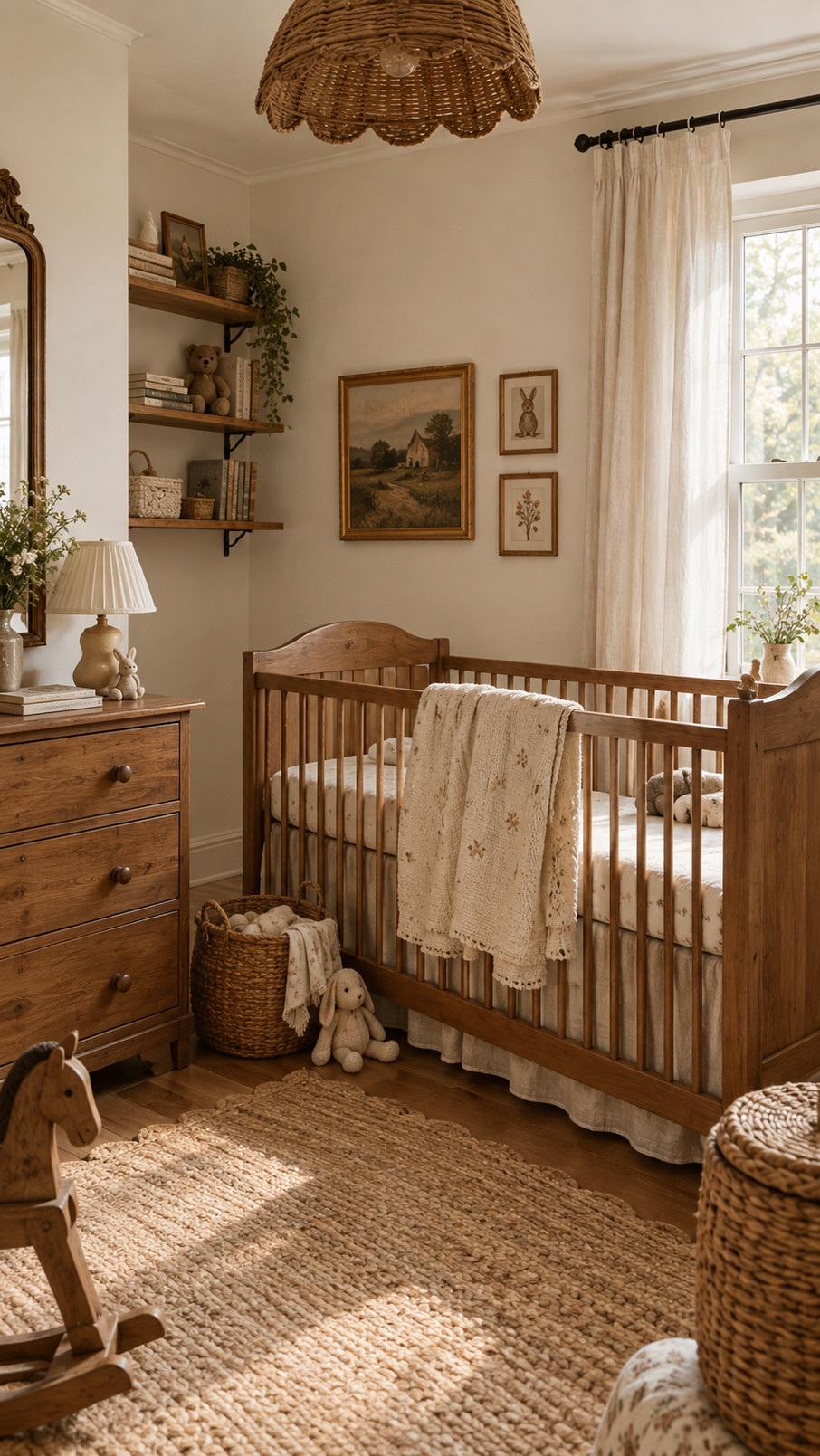 A woven pendant light hangs from the ceiling of a rustic nursery, casting a warm glow over wooden furniture and neutral decor.