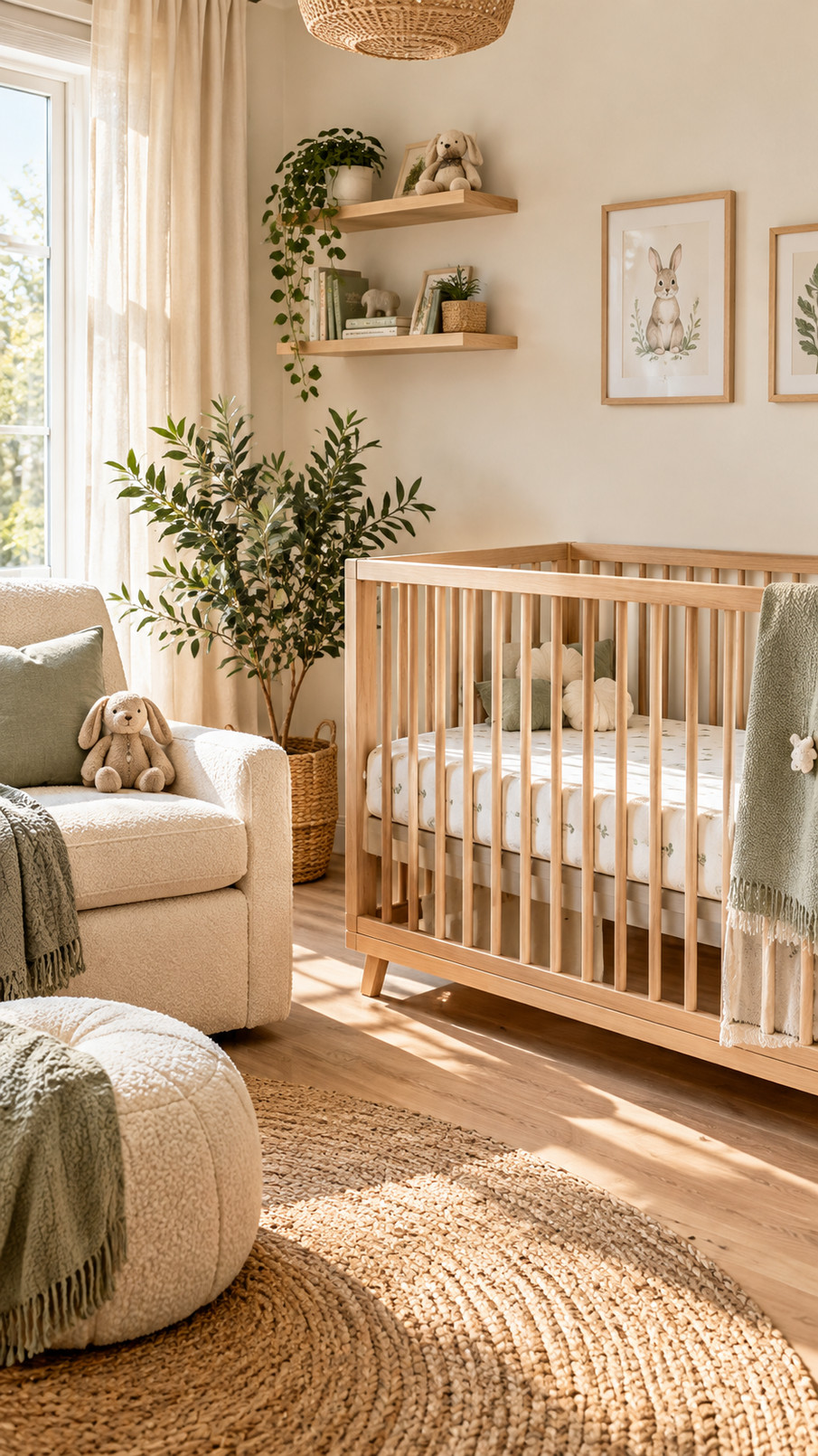 A woven pendant light hangs above a modern nursery crib, casting a warm glow against neutral walls and natural wood accents.