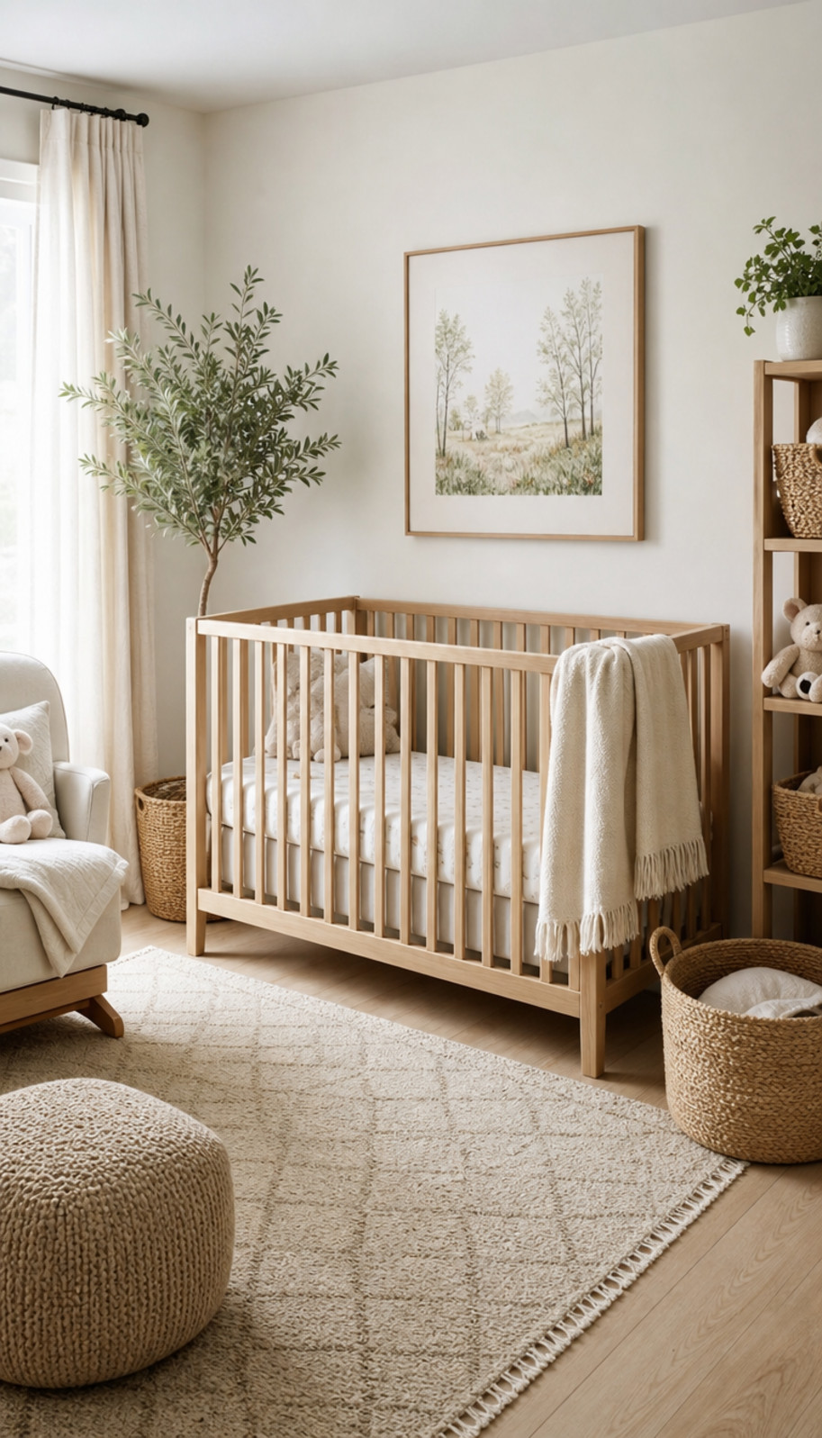 Woven toy baskets in natural honey tones arranged beside a minimalist nursery crib.