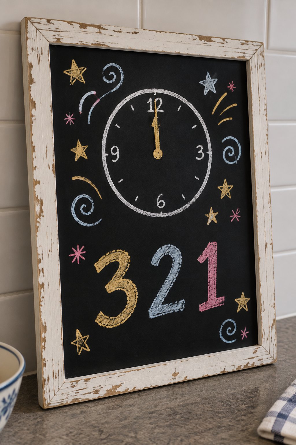 Three Two One: a hand-drawn newyear chalkboard sign reading "3 2 1".