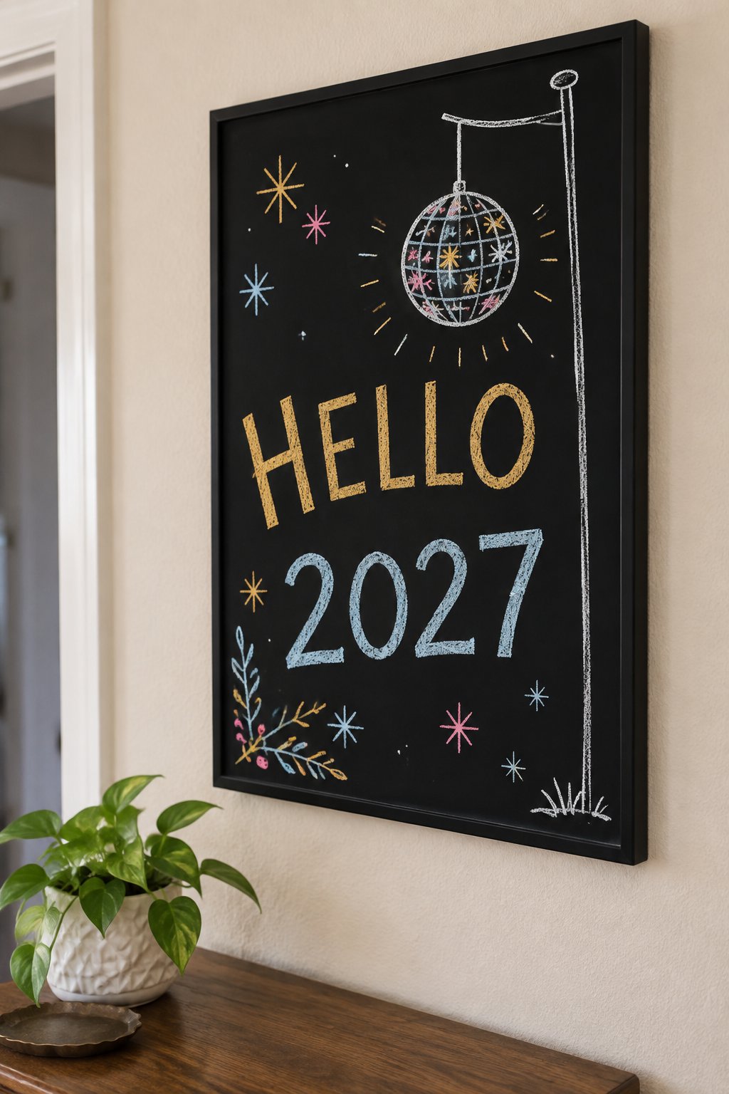 Ball Drop Night: a hand-drawn newyear chalkboard sign reading "HELLO 2027".
