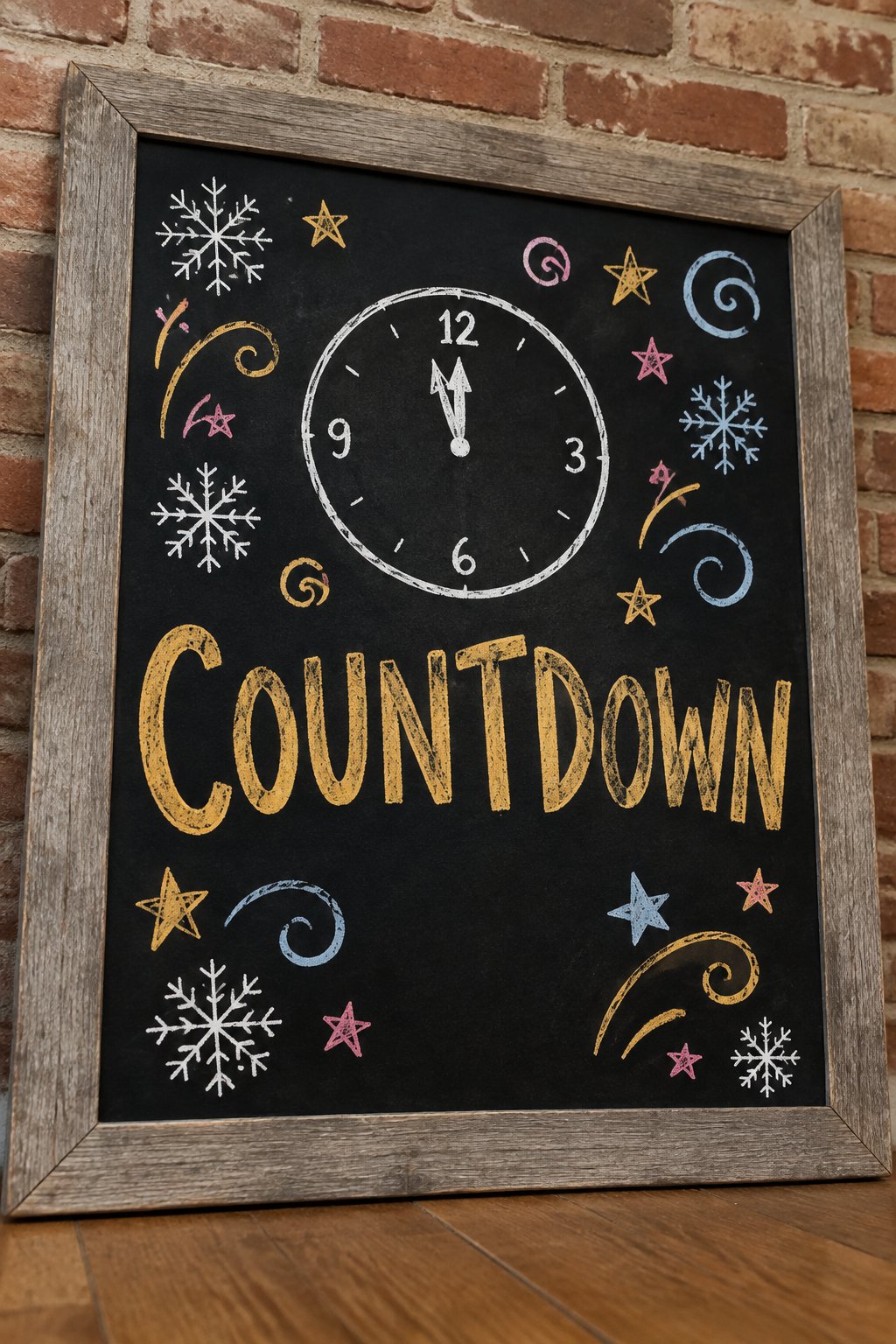 Midnight Countdown: a hand-drawn newyear chalkboard sign drawn without words, a round clock with swirls, stars and snowflakes around it.