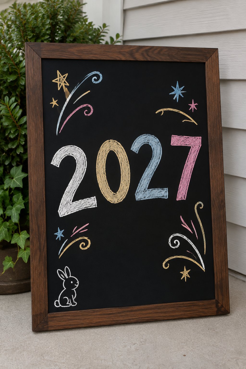 Radiant Numerals: a hand-drawn newyear chalkboard sign drawn without words, oversized numerals with tiny stars and curling flourishes (old picture is a 3-board scene photo, redrawn as a single board).
