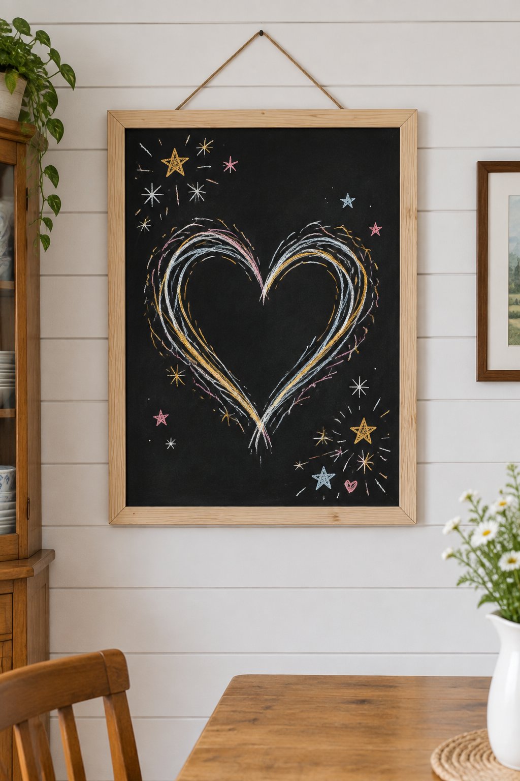 Sparkler Heart: a hand-drawn newyear chalkboard sign drawn without words, a big heart traced in swirly sparkler lines with tiny stars.