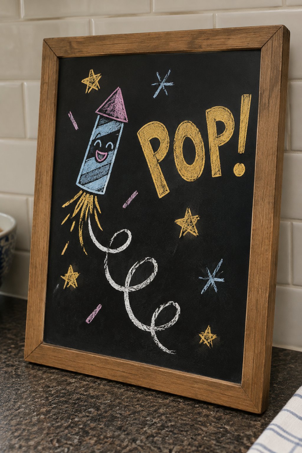 Rocket Pop: a hand-drawn newyear chalkboard sign reading "POP!".
