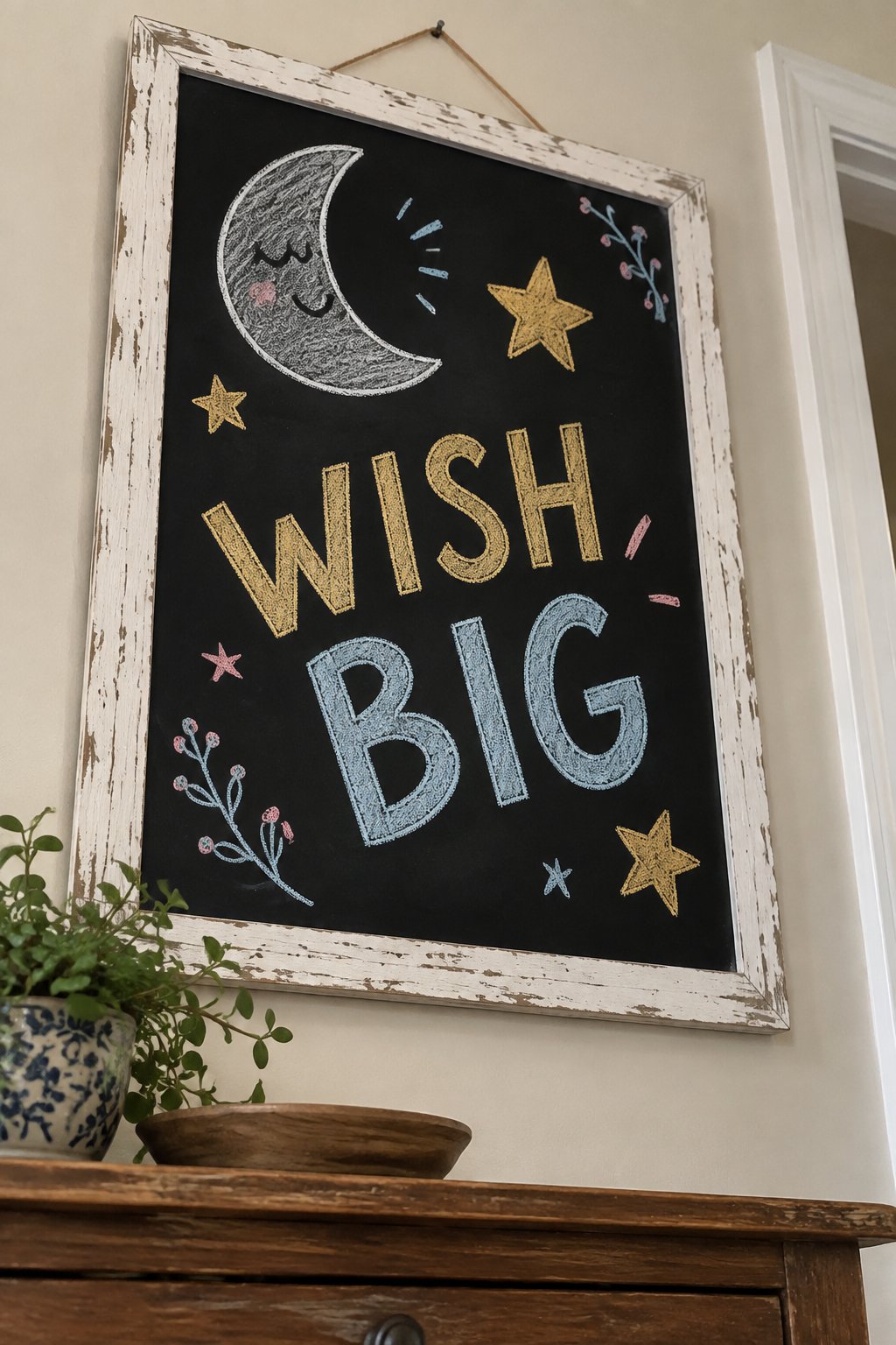 Wish Upon a Star: a hand-drawn newyear chalkboard sign reading "WISH BIG".