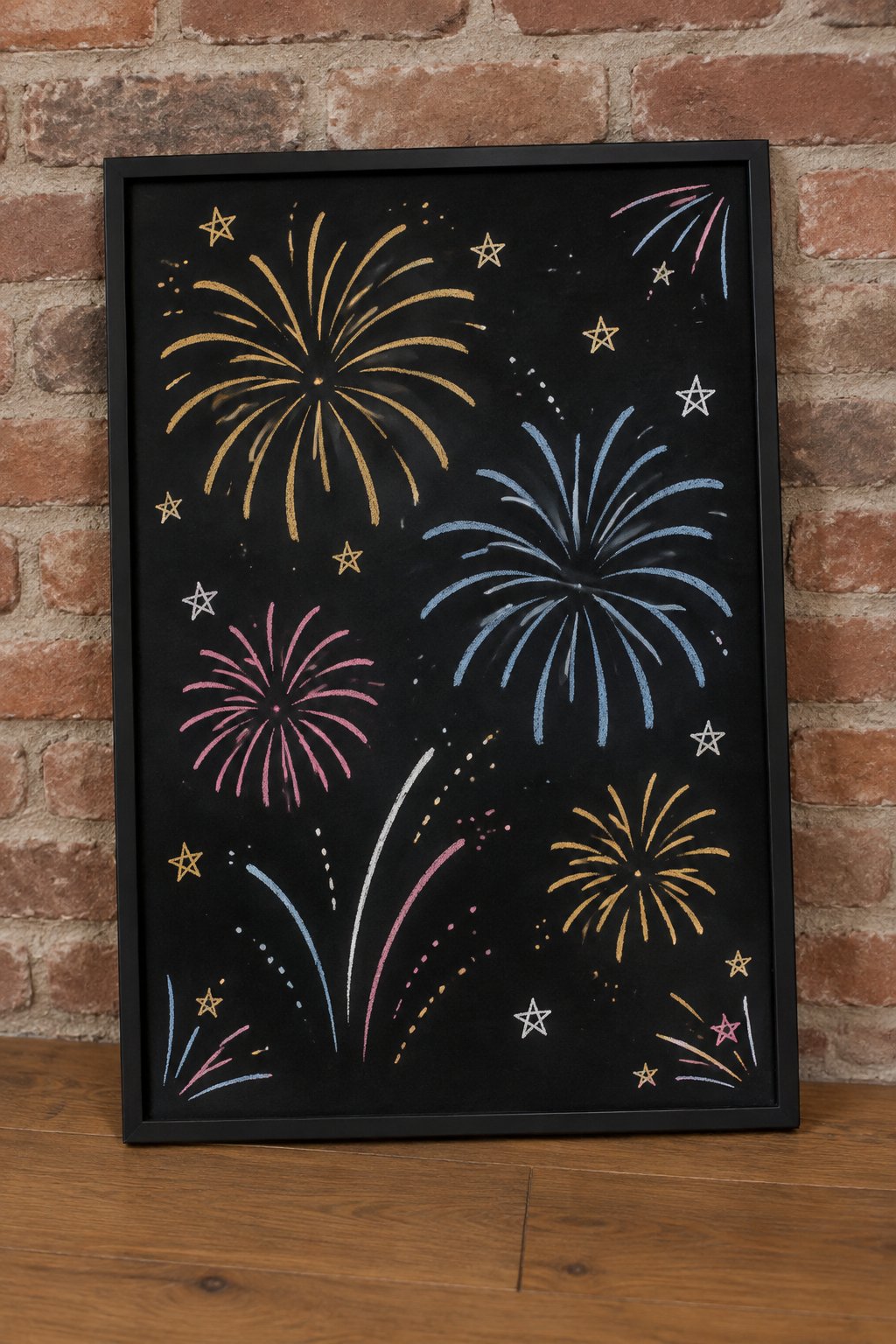 Firework Burst: a hand-drawn newyear chalkboard sign drawn without words, colorful fireworks bursting across the board.