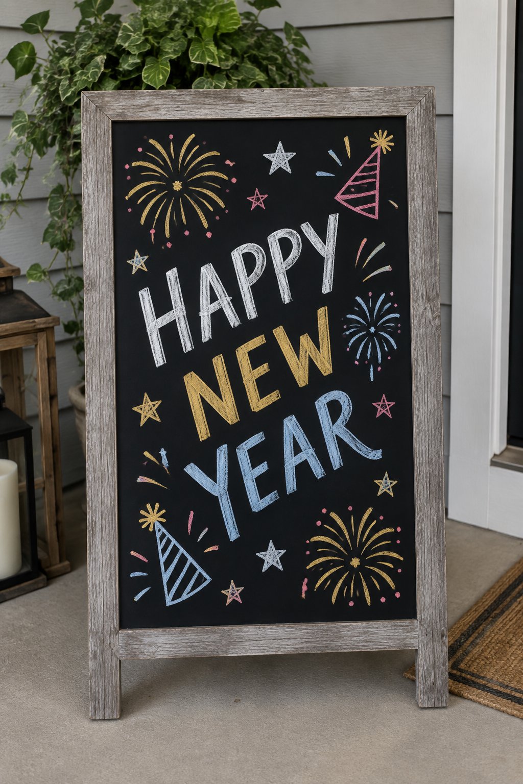 Confetti & Cheers: a hand-drawn newyear chalkboard sign drawn without words, fireworks, stars and party hats around slanted script.