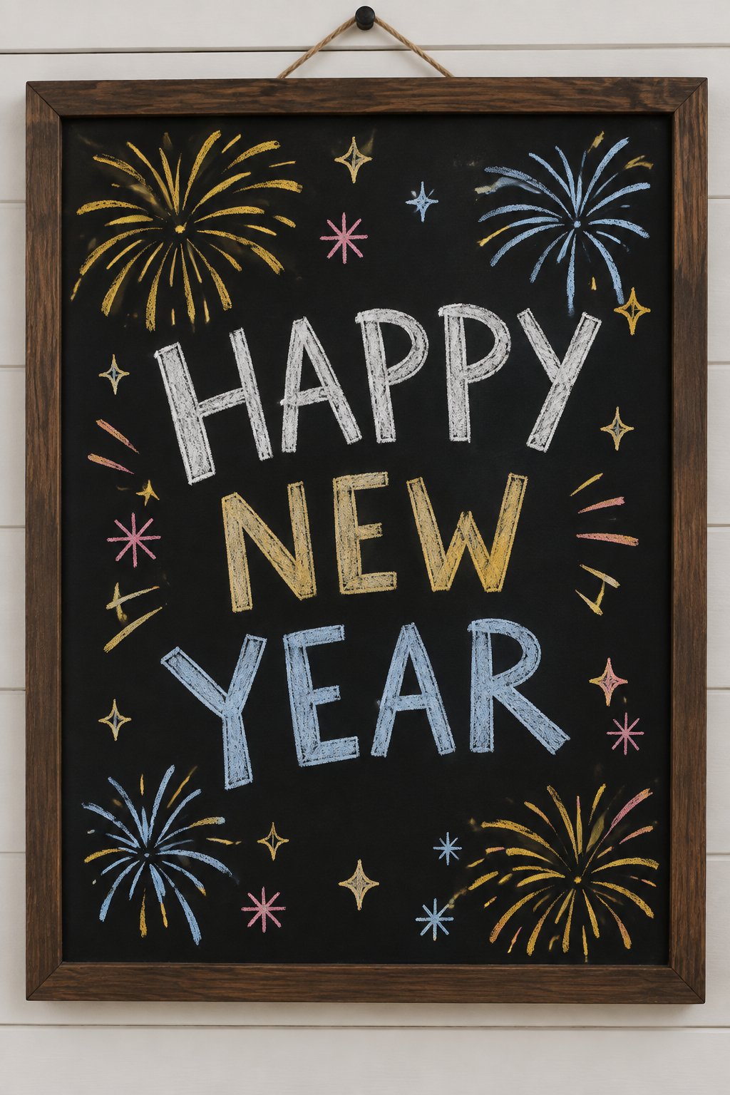 Gold Accents Shine: a hand-drawn newyear chalkboard sign drawn without words, gold-style fireworks and sparkles around the message.