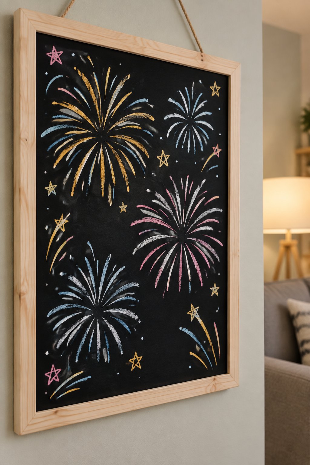 Firework Frenzy: a hand-drawn newyear chalkboard sign drawn without words, multiple chalk firework bursts.