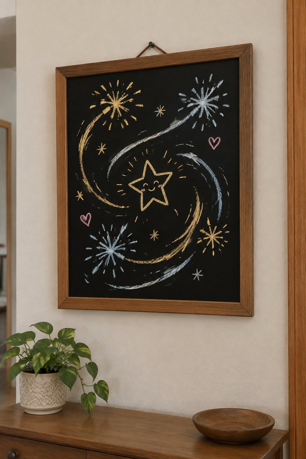 Sparkler Wishes: a hand-drawn newyear chalkboard sign drawn without words, sparkler trails around a sweet wish (old picture is a 3-board scene photo, redrawn as a single board).