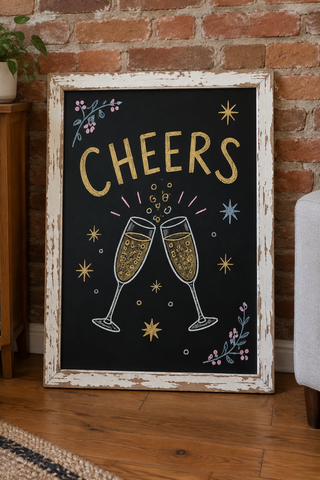 Sparkling Cider Cheers: a hand-drawn newyear chalkboard sign reading "CHEERS".