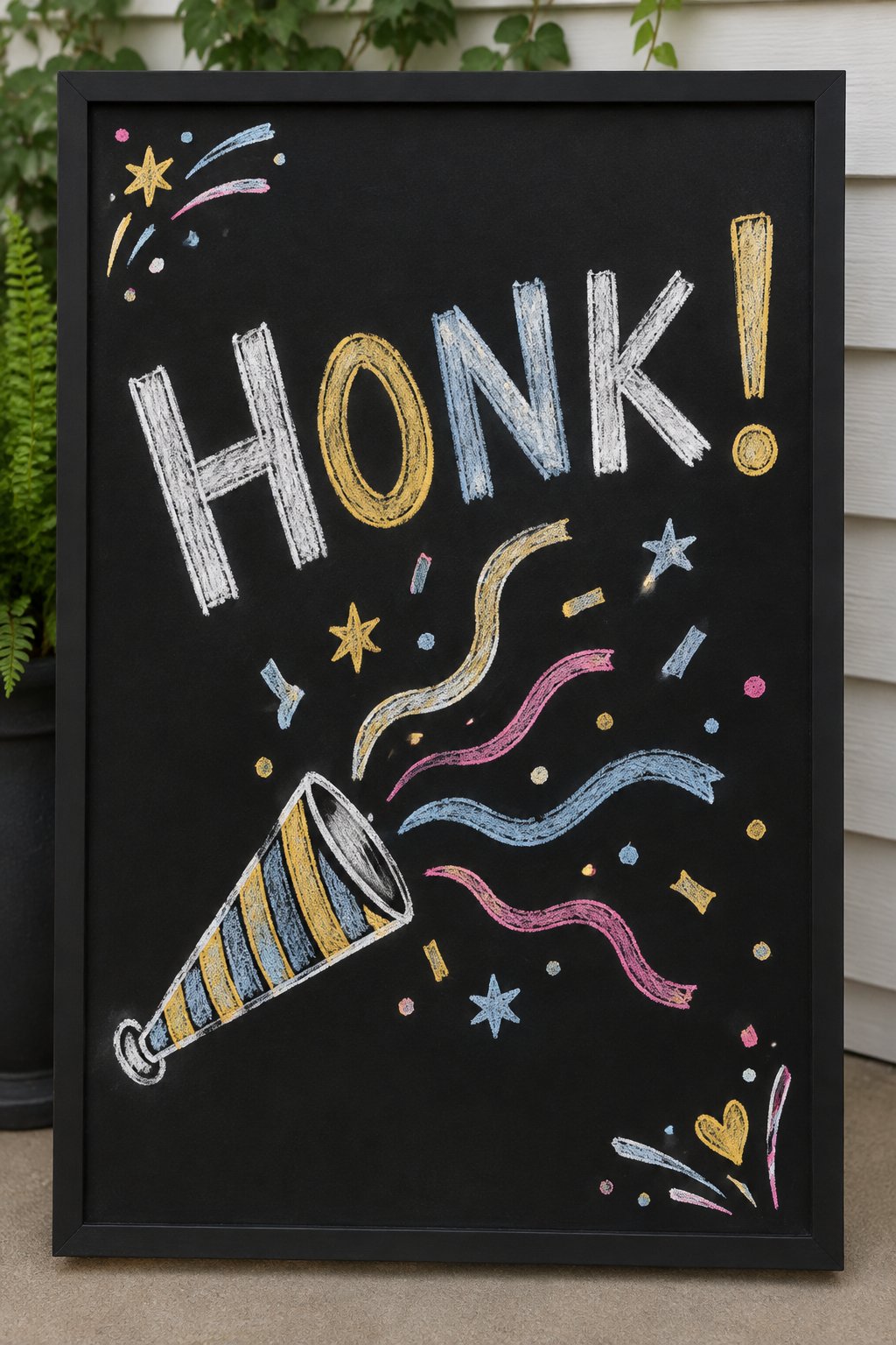 Noisemaker Fun: a hand-drawn newyear chalkboard sign reading "HONK!".