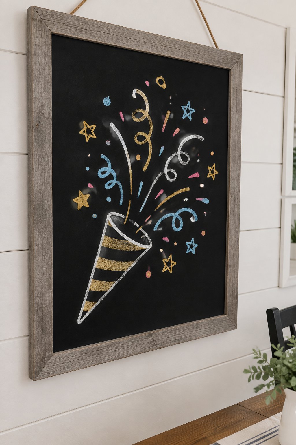 Confetti Popper: a hand-drawn newyear chalkboard sign drawn without words, a cute party popper cone with confetti bursting out the top.