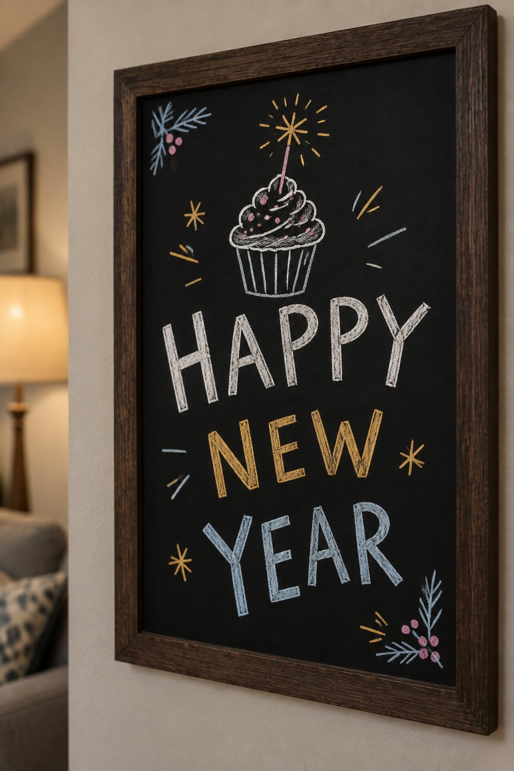 Cupcake Sparkler: a hand-drawn newyear chalkboard sign reading "HAPPY NEW YEAR".