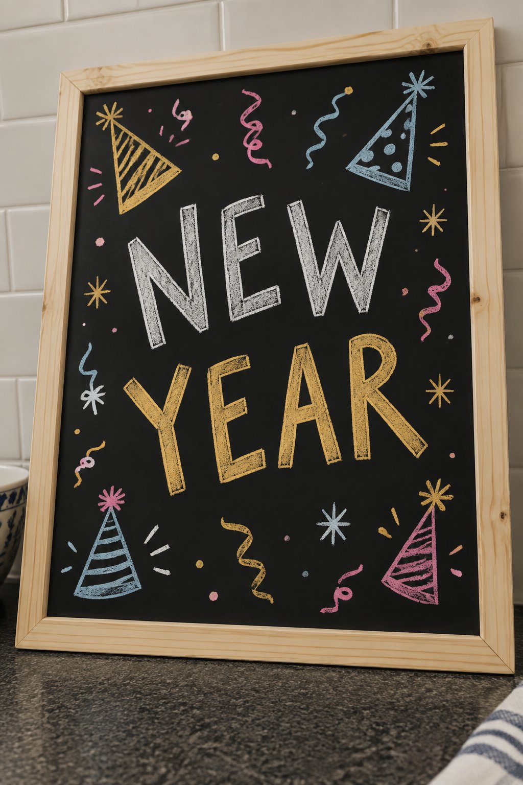 Party Hat Fun: a hand-drawn newyear chalkboard sign drawn without words, colorful party hats and confetti squiggles around the lettering.