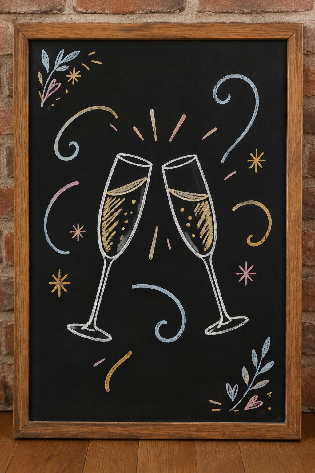 Champagne Toast: a hand-drawn newyear chalkboard sign drawn without words, two glasses clinking with swirling lines.