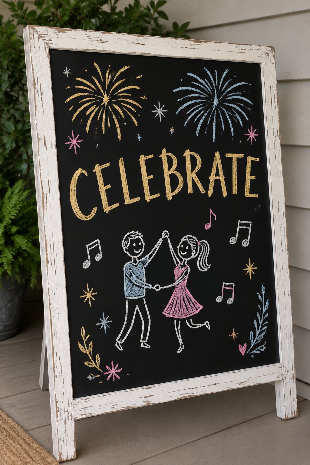 Dance Party Vibes: a hand-drawn newyear chalkboard sign drawn without words, a couple dancing under fireworks and music notes.